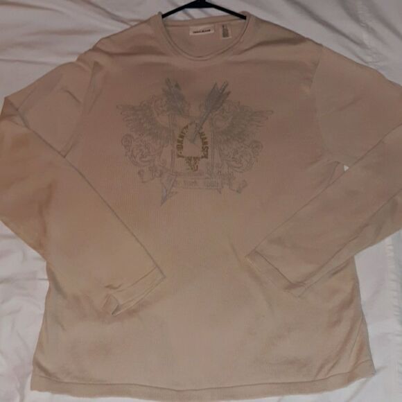DKNY Jeans Mens‎ Sweater Beige Flocked Design Lg - Picture 1 of 4